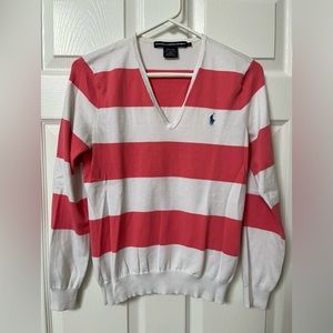 Polo Ralph Lauren Sport Pink White Striped 100% Cotton V-Neck Knitwear Sweater